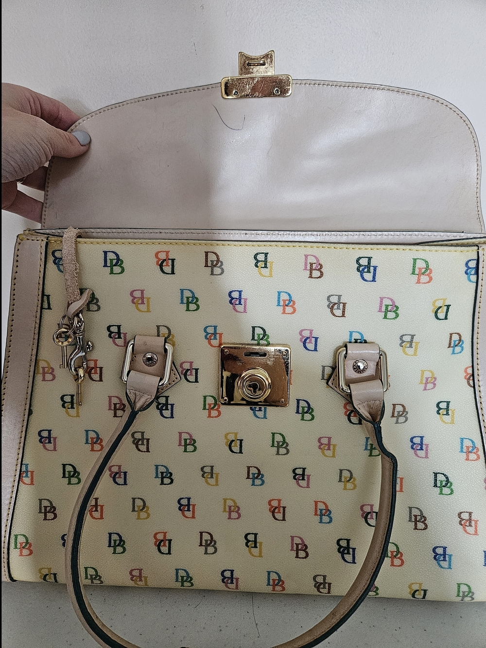 Dooney & Bourke Cream Multicolor DB Logo Satchel with Heart Tag - Picture 2 of 6